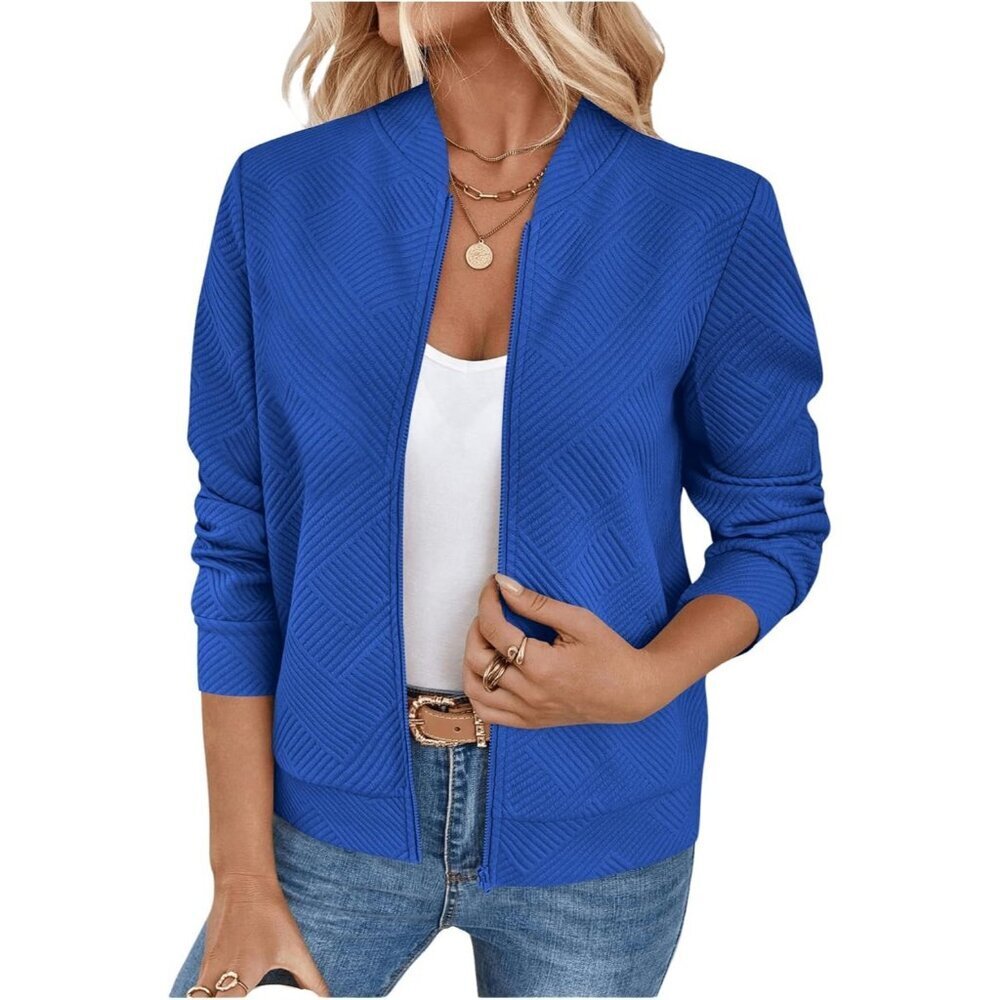 Women's Blue Zip Up Long Sleeve Bomber Jacket Coat Lightweight Casual Clothes
